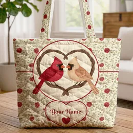 Red Beige Cardinals Heart Roses Personalized Name - Wildlife Lover Gift Quilted Tote Bag
