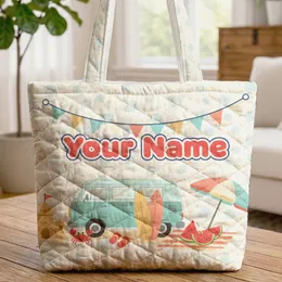 Seashell Stars Camper Van Surfboard Sandcastle - Summer Vacation Beach Day Gift Quilted Tote Bag