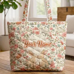 Personalized Nuzzling Bunnies Floral Name - Everyday Nature Lover Gift Quilted Tote Bag