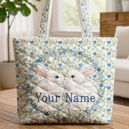 Nuzzling Bunnies Floral Wreath Your Name - Everyday Tote Gift Quilted Tote Bag