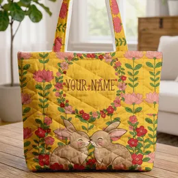 Bunnies Lotus Flowers Floral Wreath - Everyday Essentials - Bunny Lover Gift Quilted Tote Bag