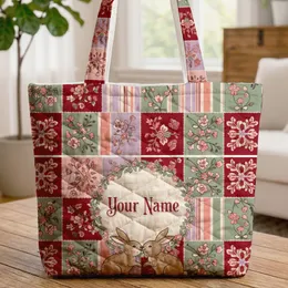 Nuzzling Bunnies Floral Wreath Patchwork Florals Vertical Stripes - Everyday Animal Fan Gift Quilted Tote Bag