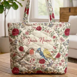 Personalized Birds Roses Berry Floral Wreath - Garden Lover Everyday Gift Quilted Tote Bag