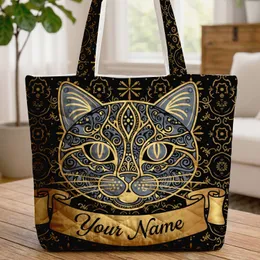 Black Gold Cat Scroll Swirls Stars - Everyday Tote for Cat Lover Quilted Tote Bag