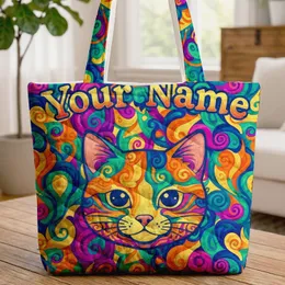 Cat Face Interwoven Spirals Fluid Color Blocks - Cat Lover Everyday Lifestyle Gift Quilted Tote Bag
