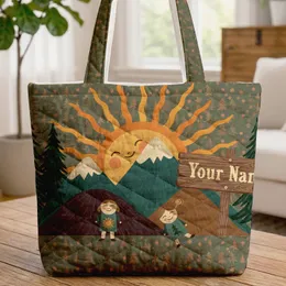 Mountain Sunset Pine Trees Western Wood Sign - Everyday Travel Adventure Gift Quilted Tote Bag