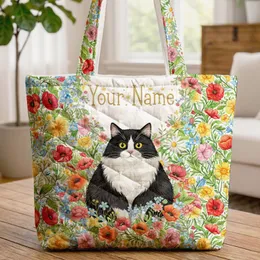 Fluffy Black and White Cat Wildflower Garden Floral Wreath Your Name - Cat Lover Gift Quilted Tote Bag