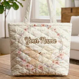 Nuzzling Bunny Bear Wildflowers Floral Wreath Name Daisies - Everyday Lifestyle Tote Quilted Tote Bag