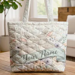 Your Name Ribbon Nuzzling Bunnies Scattered Wildflowers Leaves - Nature Lover Gift Quilted Tote Bag