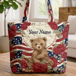 Brown Bear Cub Patriotic Floral American Flag - Independence Day Home Decor Gift Quilted Tote Bag