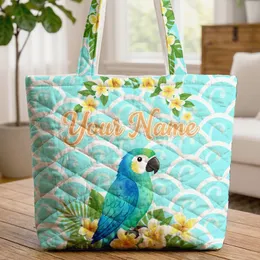 Parrot Ocean Waves Personalized Plumeria Name Wreath - Beach Lover Gift Quilted Tote Bag