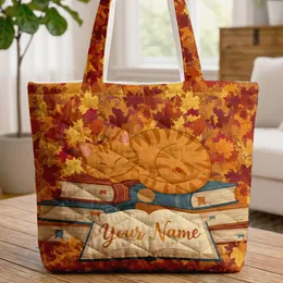 Sleeping Orange Tabby Cat Books Autumn - Personalized Reader Gift Quilted Tote Bag