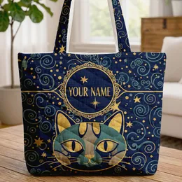Cat Face Gold Stars Swirls Circular Medallion - Cat Lover Everyday Travel Accessory Gift Quilted Tote Bag