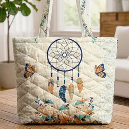 Dreamcatcher Butterflies Feather Bead Floral Wreath - Boho Lifestyle Gift Quilted Tote Bag