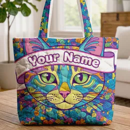 Swirling Color Blocks Cat Face Ribbon Spiral Dot - Everyday Tote Cat Lover Gift Quilted Tote Bag