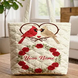 Cardinals Intertwining Heart Branches Red Rose Wreath - Wildlife Lover Gift Quilted Tote Bag