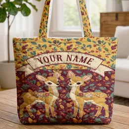 Standing Fawns Floral Leaves Blossoms - Wildlife Lover Everyday Tote Quilted Tote Bag