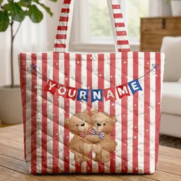 Two Bears Hugging Red Blue Bow Tie Bunting Flags - Wildlife Lover Gift Quilted Tote Bag