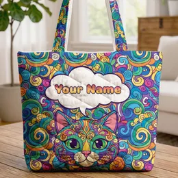 Rainbow Swirl Cat Face Green Eyes Pink Nose Speech Bubble - Everyday Cat Lover Gift Quilted Tote Bag