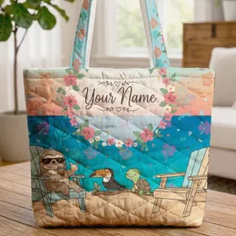 Adirondack Chairs Sandy Beach Hibiscus Tropical Floral Wreath - Beach Vacation Gift Quilted Tote Bag