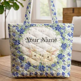 Nestled Baby Bunnies Bluebonnet Green Leaves Floral Wreath - Wildlife Lover Everyday Tote Quilted Tote Bag