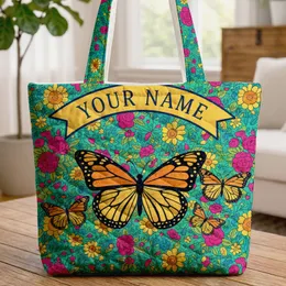 Monarch Butterfly Wings Botanical Floral Personalized Name - Nature Lover Everyday Tote Quilted Tote Bag
