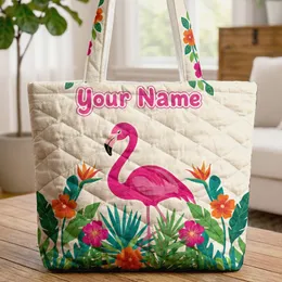 Flamingo Tropical Foliage Botanical Vines - Tropical Lover Gift for Flamingo Lover Quilted Tote Bag