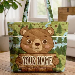 Brown Bear Name Sign Pine Forest Hills Stream - Wildlife Lover Home Decor Gift for Kids Quilted Tote Bag