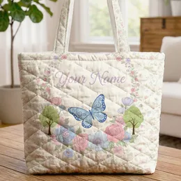 Blue Butterfly Personalized Floral Wreath Pastel Flowers Blossoms - Everyday Lifestyle Gift Quilted Tote Bag