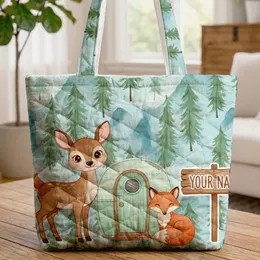Deer Fox Camper Pine Tree Mountain Personalized Name Outdoor Adventure Gift Quilted Tote Bag