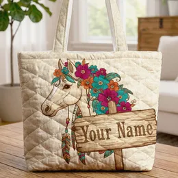 Ornate Horse Head Feather Floral Personalized Name - Boho Lifestyle Gift for Horse Lover Quilted Tote Bag