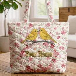 Two Yellow Birds Perched Branches Pink Red Blossoms Floral Wreath - Everyday Carry Gift Quilted Tote Bag