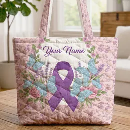 Personalized Awareness Ribbon Floral Wreath Butterflies - Support Gift Quilted Tote Bag