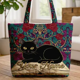 Gothic Black Cat Antique Book Red Rose Gold Swirls - Cat Lover Gift Quilted Tote Bag