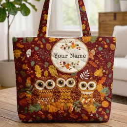Owls Autumn Foliage Personalized Name - Farmhouse Fall Decor Gift for Owl Lovers Quilted Tote Bag