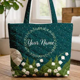 Personalized White Lily Valley Moon Stars - Botanical Lover Gift Quilted Tote Bag