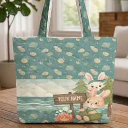 Bunnies Campfire Beach Scene Personalized Name - Summer Camping Adventure Travel Gift Quilted Tote Bag