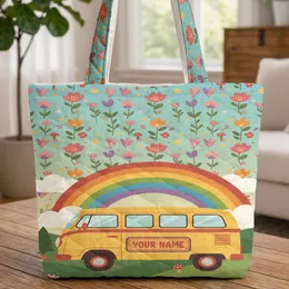 Hippie Van Wildflowers Rainbow Scene - Travel Essentials Adventure Seeker Gift for Travelers Quilted Tote Bag