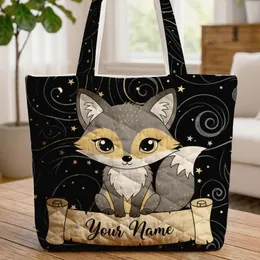 Fox Starry Night Glowing Stars Curved Scroll - Wildlife Lover Gift Quilted Tote Bag