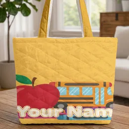 Personalized Name Red Apple Colorful Crayons School Bus Back to School Gift for Kids Quilted Tote Bag
