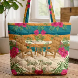 Hibiscus Beach Chairs Tropical Resort - Travel Lifestyle Gift Quilted Tote Bag