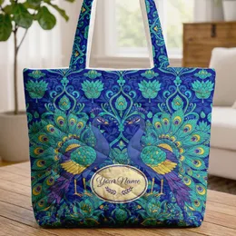 Majestic Peacocks Elaborate Tail Feathers Arabesque Lotus Blossoms - Wildlife Lover Carryall Quilted Tote Bag