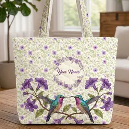 Hummingbirds Your Name Wreath Petunia Bell Flowers - Nature Lover Gift Quilted Tote Bag