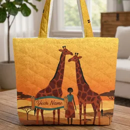 Giraffes Savanna Acacia Trees Personalized Name Scroll - Wildlife Lover Gift Quilted Tote Bag