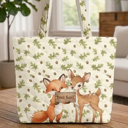 Fox Fawn Forest Animals with Oak Leaf Acorn Background - Wildlife Lover Gift Quilted Tote Bag