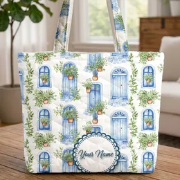 Blue White Arches Planters Cobblestone Travel Essential Gift for Travelers Quilted Tote Bag