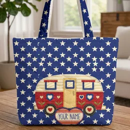 Camper Van Red White Blue Stars Hearts - Fourth of July Road Trip Gift Quilted Tote Bag