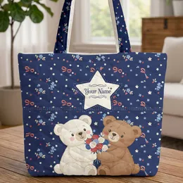 White Brown Bears Red White Blue Roses Personalized Name Star Independence Day Gift Quilted Tote Bag
