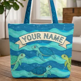 Swimming Sea Turtles Ocean Waves Bubbles Personalized Name - Everyday Beach Tote for Her Quilted Tote Bag