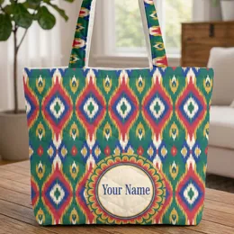 Ornate Ikat Flame Diamond Medallion - Boho Lifestyle Everyday Carryall Gift Quilted Tote Bag
